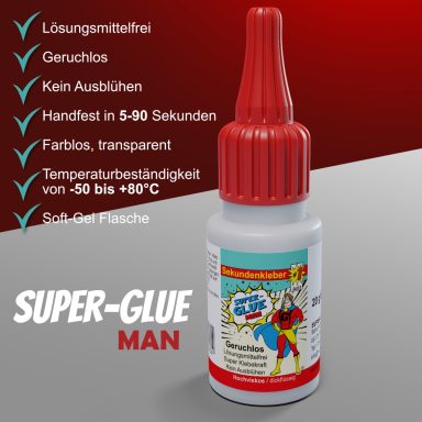 Super-Glue Man Sekundenkleber auf Cyanacrylat Basis.